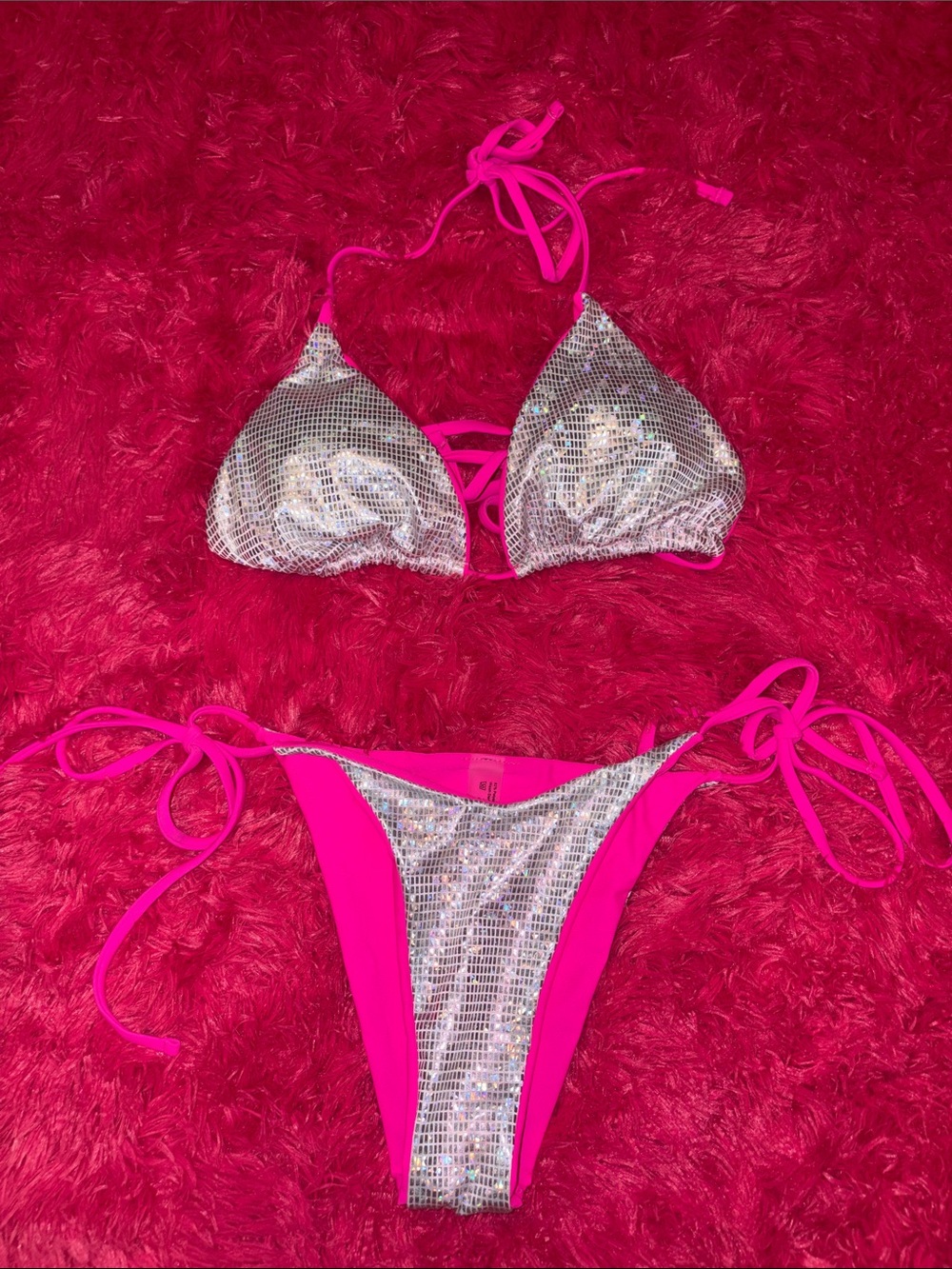 SHEIN Pink Sequin Triangle Bikini Set